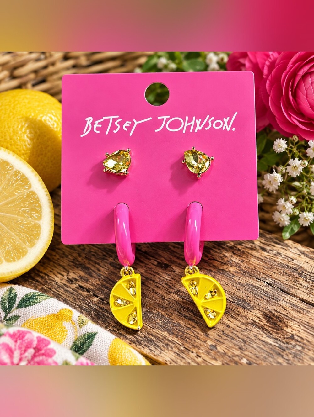 Betsey Johnson Lemon Slice Pink Hoop & Yellow Crystal Stud Earring Set 🍋💕